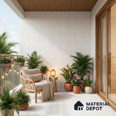 Scandinavian balcony with white textured wall tiles, wooden louver ceiling, and terracotta planters