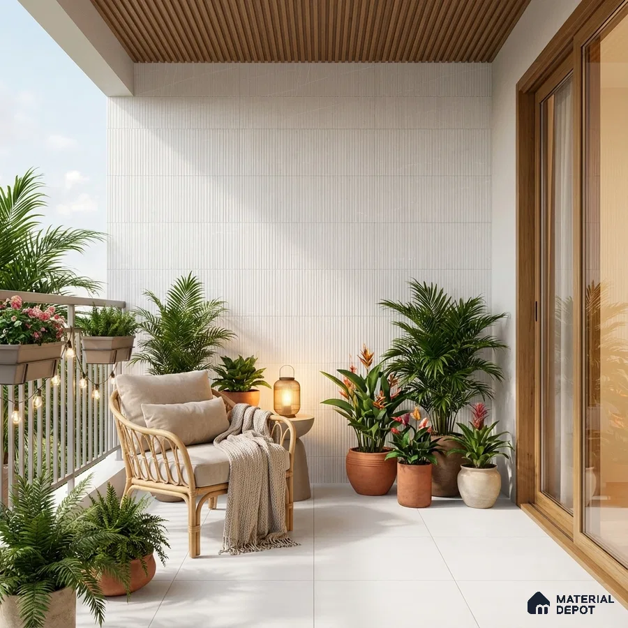 Scandinavian balcony with white textured wall tiles, wooden louver ceiling, and terracotta planters