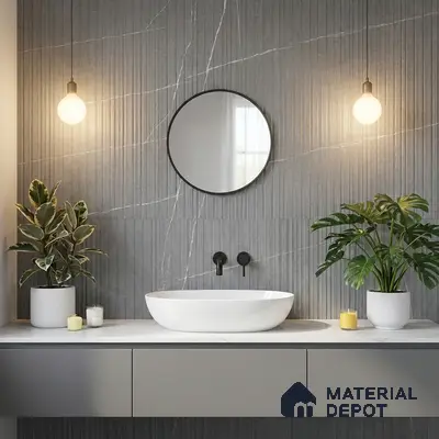 Minimalist bathroom with grey fluted marble-look wall tile and white countertop