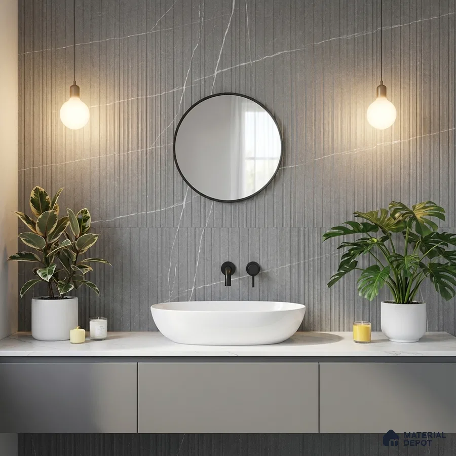 Minimalist bathroom with grey fluted marble-look wall tile and white countertop