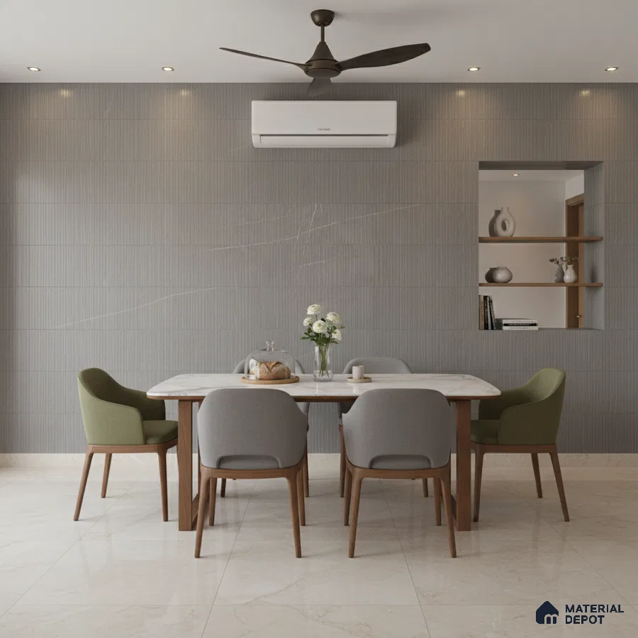 Minimalist dining room with grey textured wall tiles, marble-look floor tiles, and wooden dining set