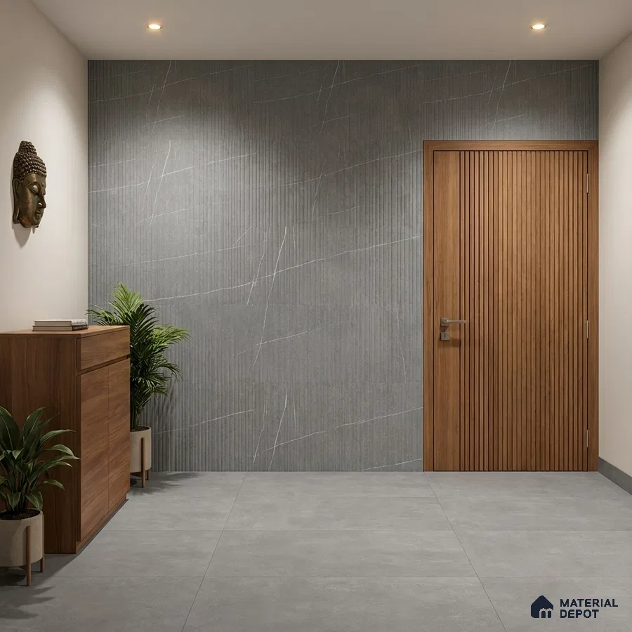 Minimalist foyer with grey fluted wall tiles, wooden louvered door, and matte grey floor tiles