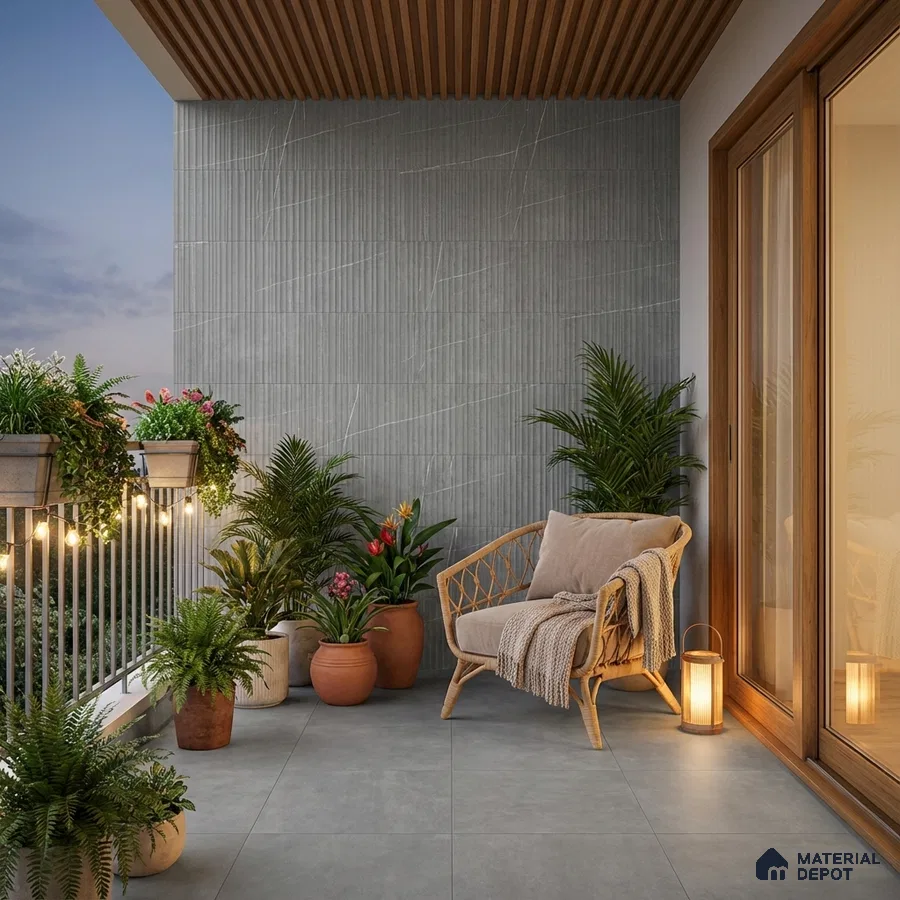 Scandinavian balcony with grey textured wall tiles, wooden ceiling louvers, and matte grey floor tiles