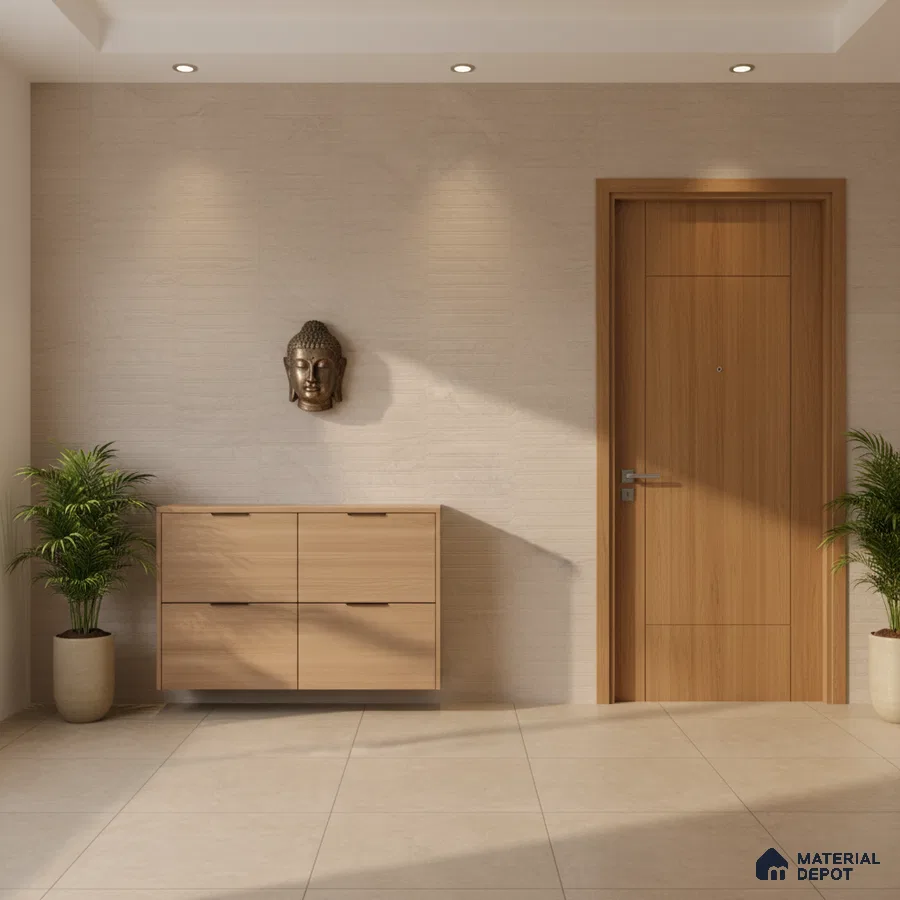 Minimalist foyer with light oak laminate console, beige textured wall tile, and large beige floor tiles