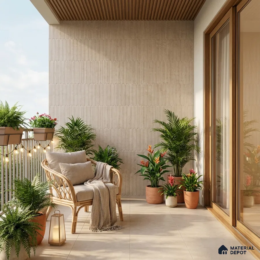 Scandinavian balcony with beige textured wall tile, wooden ceiling louvers, and light beige floor tiles