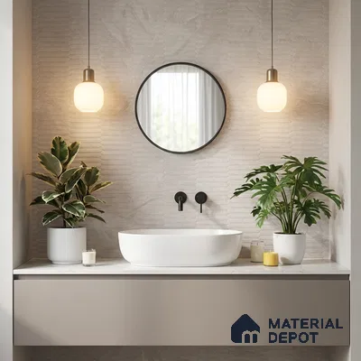 Minimalist bathroom with beige textured wall tile and white countertop basin