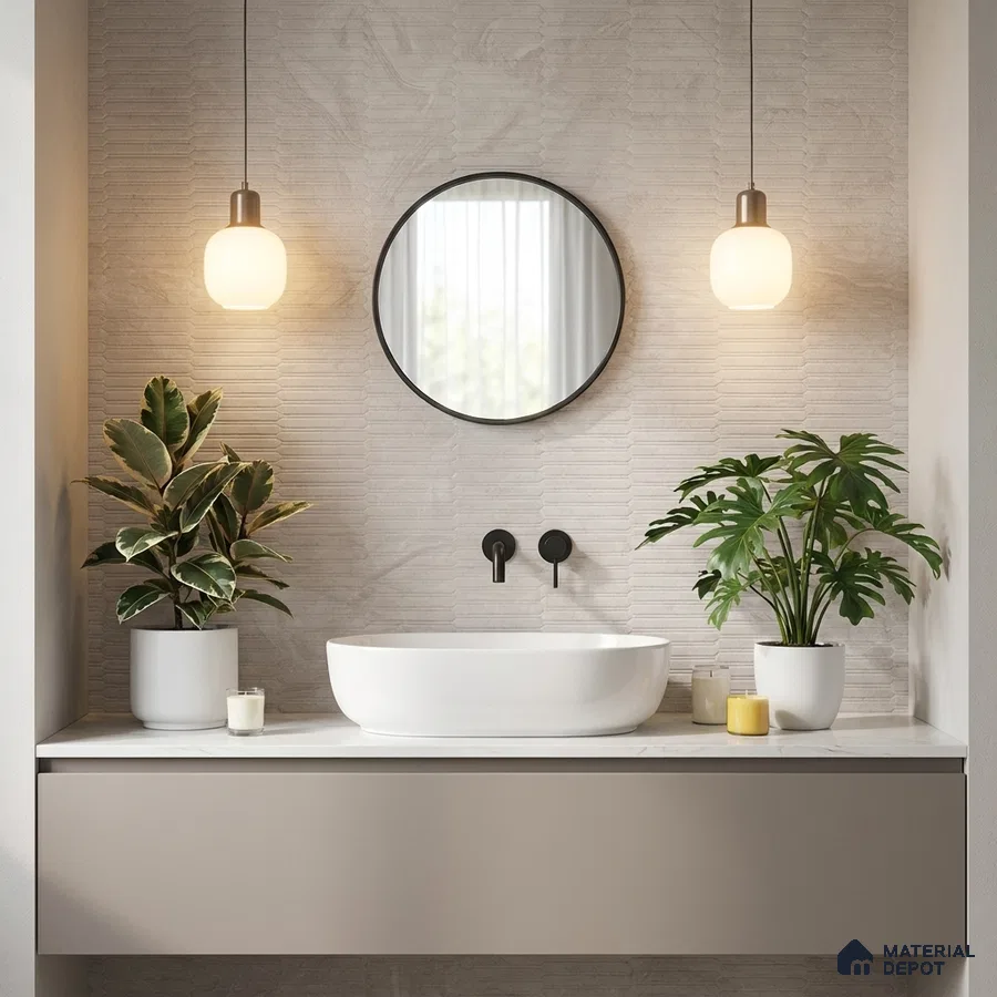 Minimalist bathroom with beige textured wall tile and white countertop basin