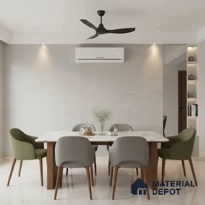 Modern dining room with white marble tabletop, light beige marble floor tile, and textured off-white wall tile