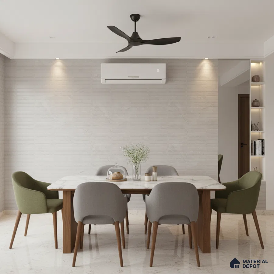 Modern dining room with white marble tabletop, light beige marble floor tile, and textured off-white wall tile