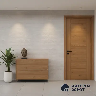 Minimalist foyer with light oak laminate console, textured white wall tile, and large format grey floor tiles