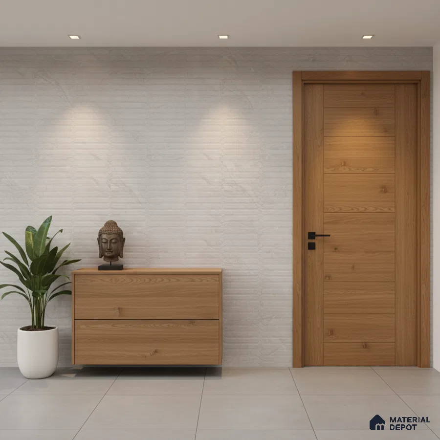 Minimalist foyer with light oak laminate console, textured white wall tile, and large format grey floor tiles