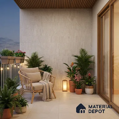 Scandinavian balcony with beige stone floor tiles, ribbed wall tiles, and wooden ceiling louvers
