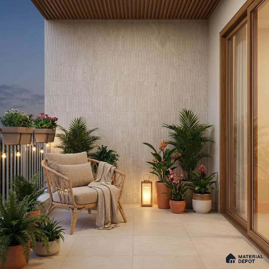Scandinavian balcony with beige stone floor tiles, ribbed wall tiles, and wooden ceiling louvers