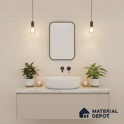 Minimalist bathroom with beige geometric wall tiles and white marble countertop vanity