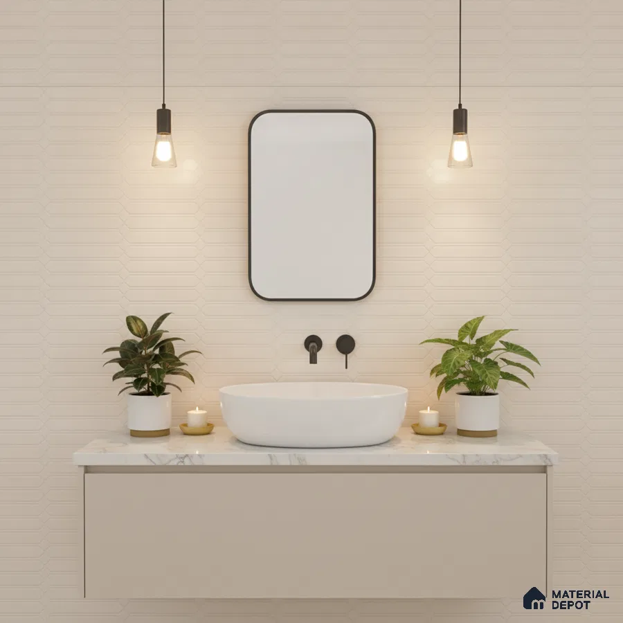 Minimalist bathroom with beige geometric wall tiles and white marble countertop vanity