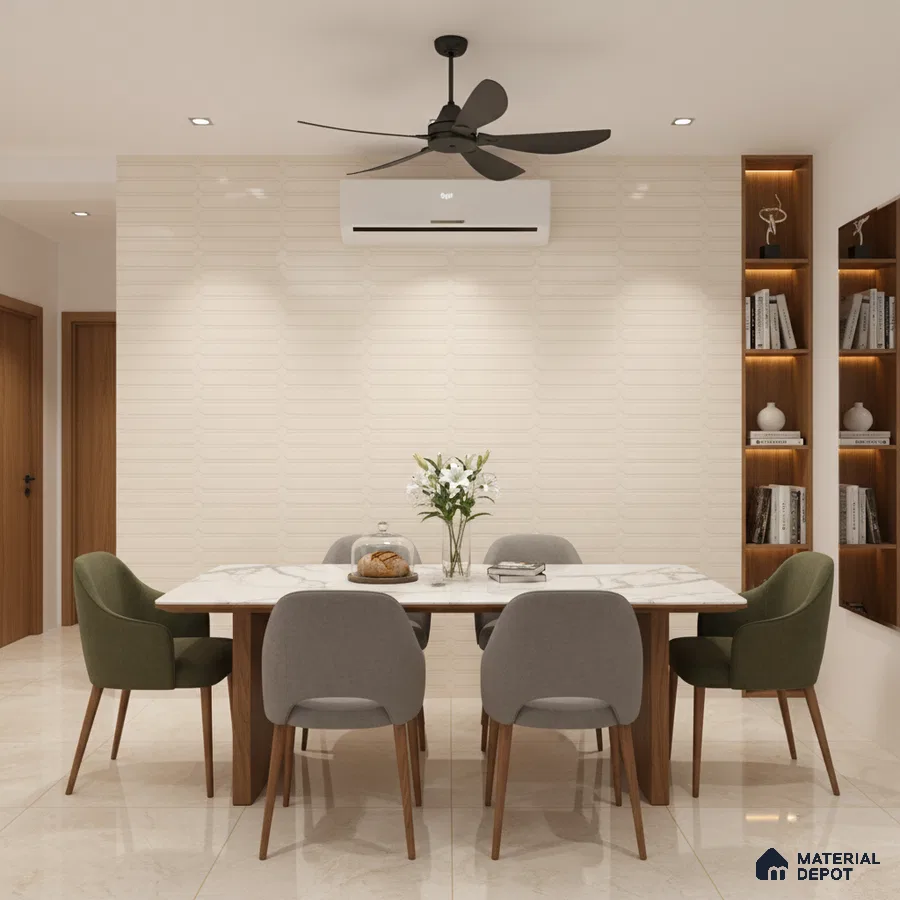 Modern dining room with marble-look tabletop, beige geometric wall tiles, and wooden shelving