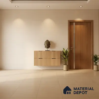 Minimalist foyer with light oak laminate console, beige textured wall panels, and large beige floor tiles