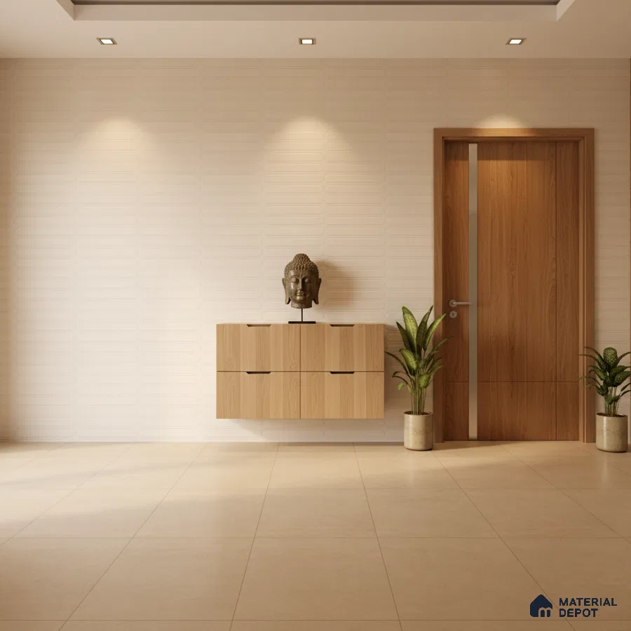 Minimalist foyer with light oak laminate console, beige textured wall panels, and large beige floor tiles