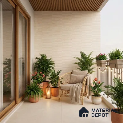 Scandinavian balcony with beige wall tiles, wooden ceiling louvers, and large format cream floor tiles