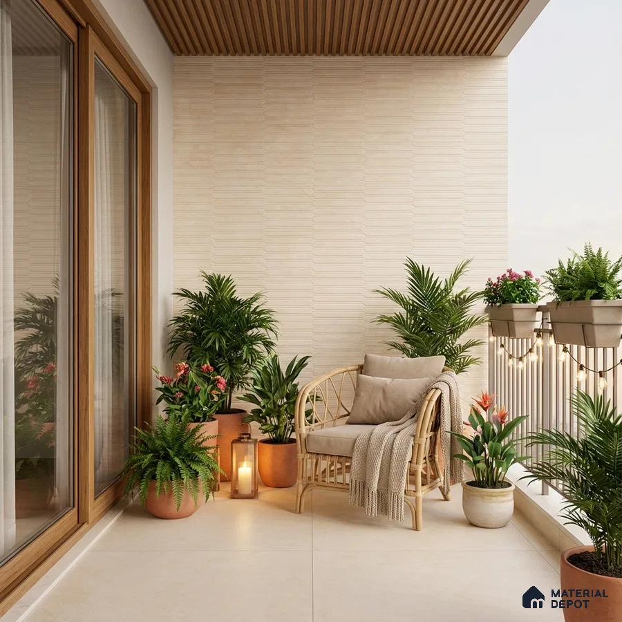 Scandinavian balcony with beige wall tiles, wooden ceiling louvers, and large format cream floor tiles