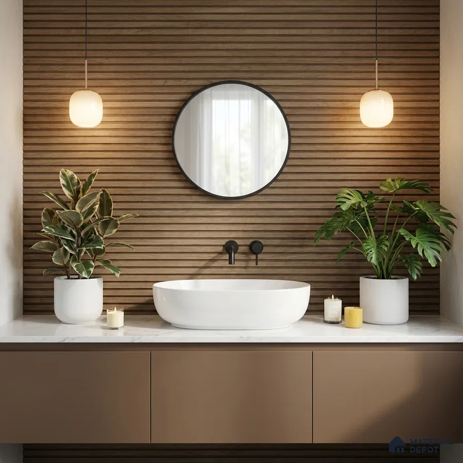 Scandinavian bathroom with wood fluted wall panels and white marble countertop