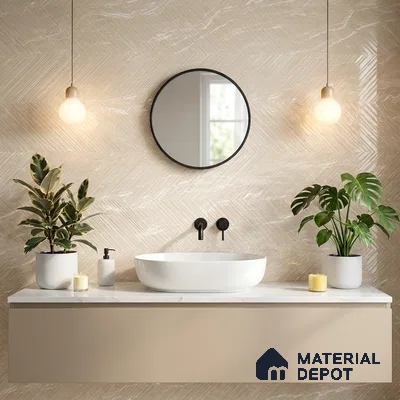Minimalist bathroom with beige herringbone wall tiles and white marble countertop
