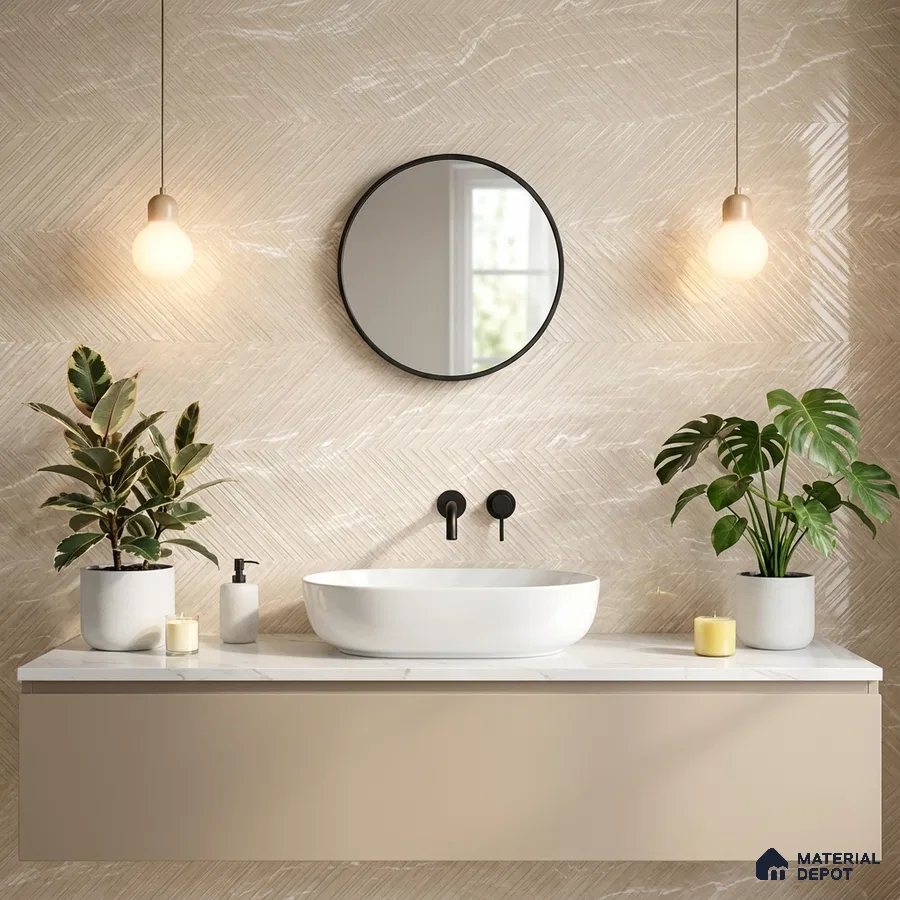 Minimalist bathroom with beige herringbone wall tiles and white marble countertop