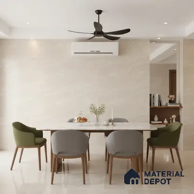 Modern dining room with beige marble-look wall tiles, marble tabletop, and light beige floor tiles