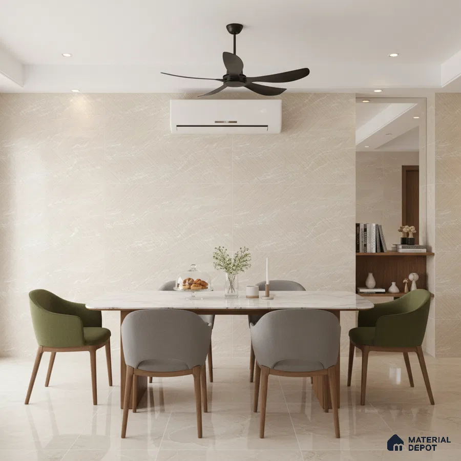Modern dining room with beige marble-look wall tiles, marble tabletop, and light beige floor tiles
