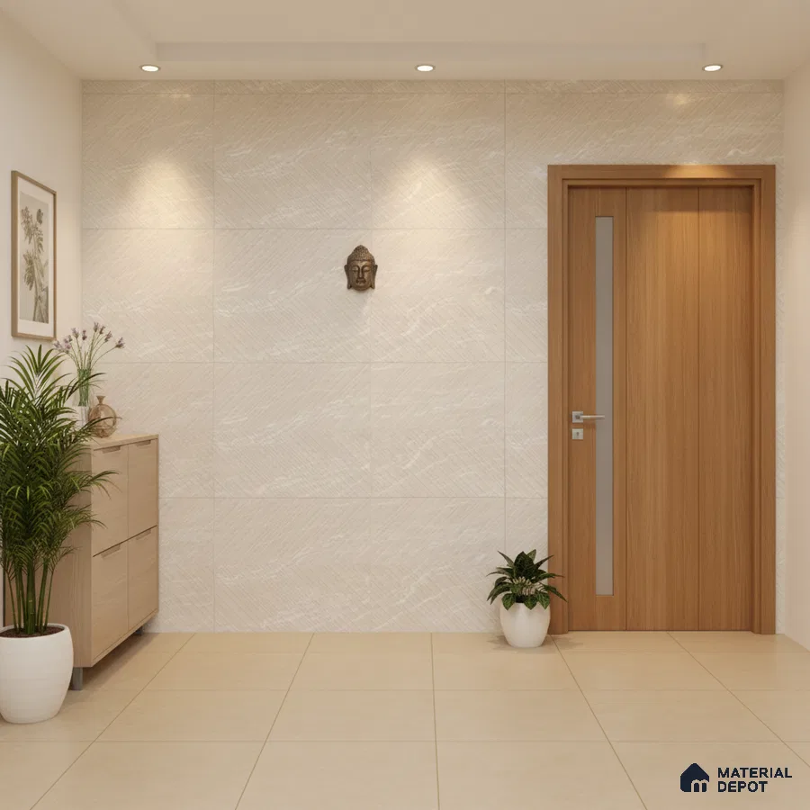 Minimalist foyer with beige textured wall tiles, light wood door, and cream floor tiles