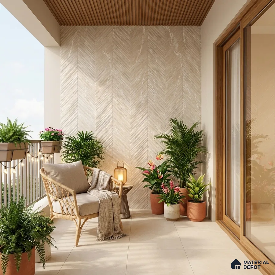 Scandinavian balcony with beige chevron wall tile, wooden ceiling louvers, and neutral floor tiles