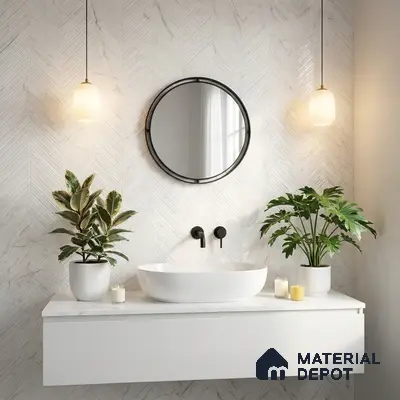 Minimalist bathroom with white marble herringbone wall tile and floating vanity