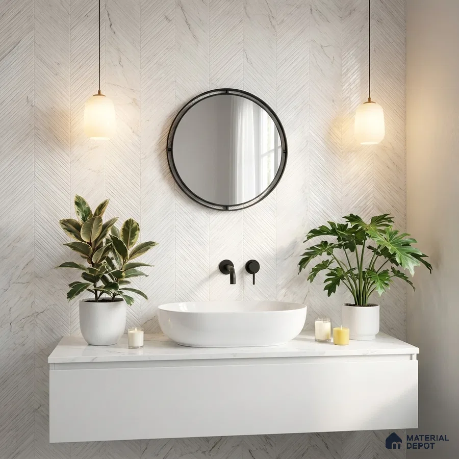 Minimalist bathroom with white marble herringbone wall tile and floating vanity