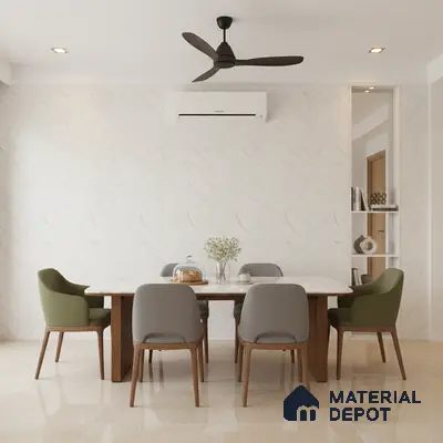 Scandinavian dining room with marble look chevron wall tile and beige polished floor tile