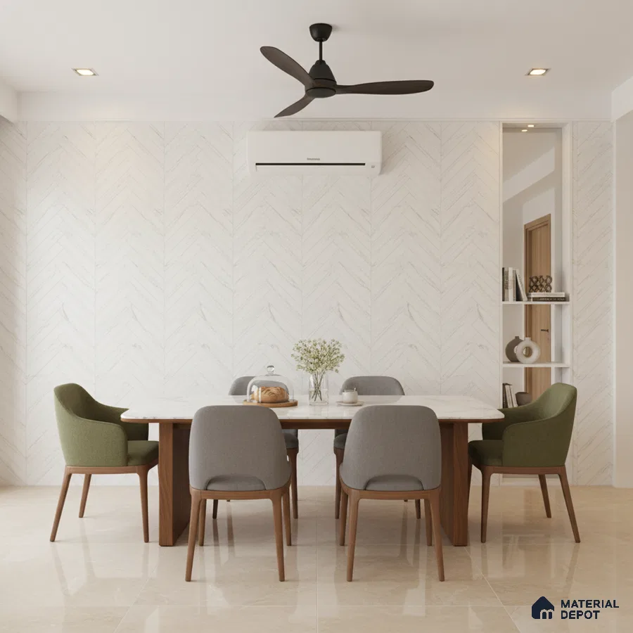 Scandinavian dining room with marble look chevron wall tile and beige polished floor tile