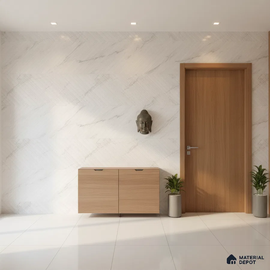 Minimalist foyer with white marble-look wall tiles, light oak laminate console, and white floor tiles