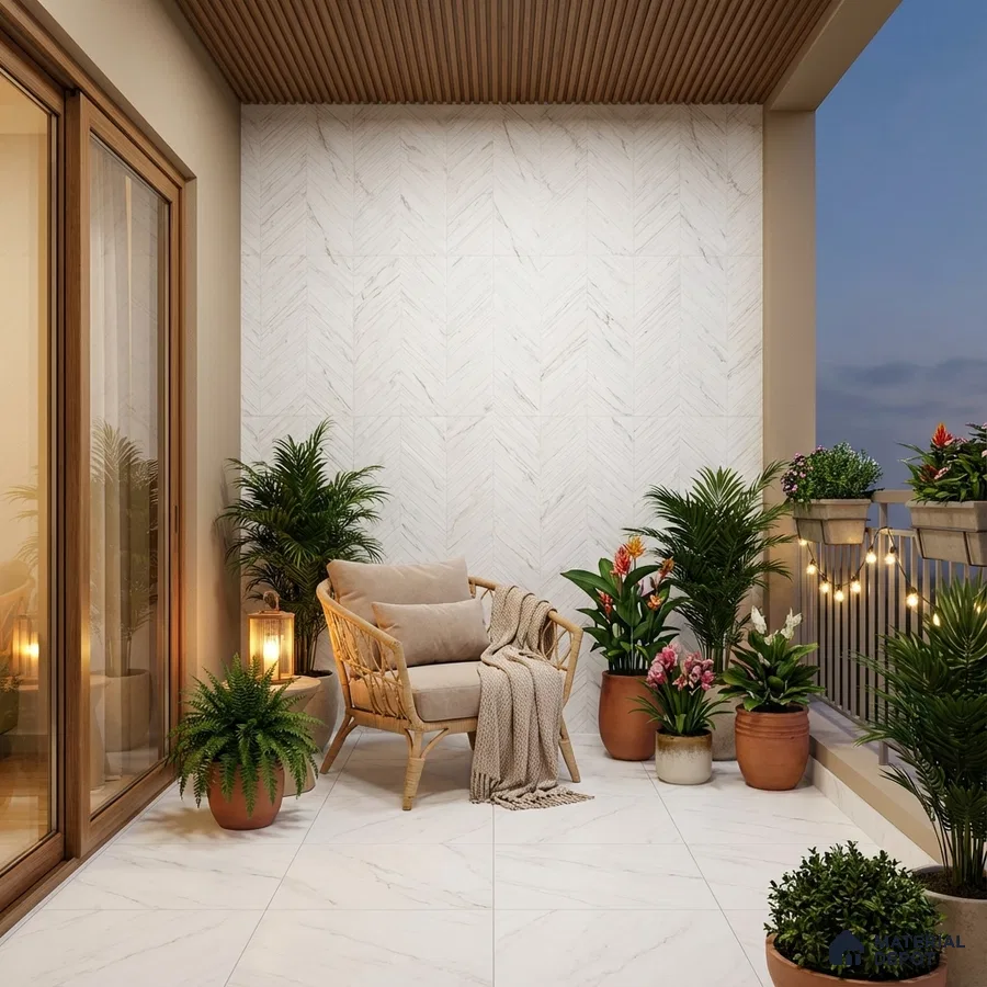 Scandinavian balcony with white marble look floor tiles and herringbone wall tiles