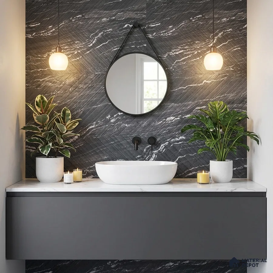 Modern bathroom with black marble wall tile, matte grey vanity, and white marble countertop