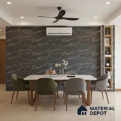Modern dining room with black marble wall tiles and white marble dining table