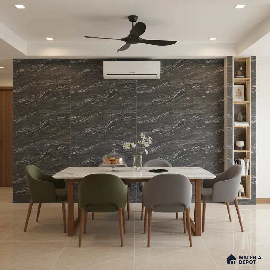 Modern dining room with black marble wall tiles and white marble dining table