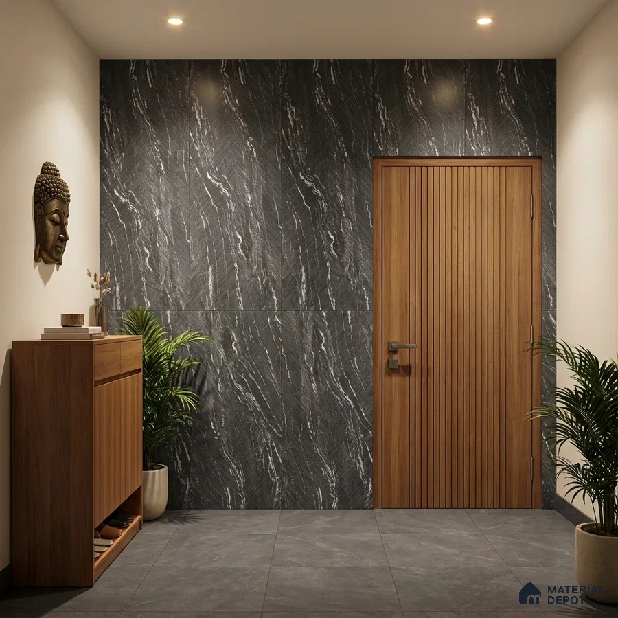 Modern foyer with black marble-look wall tiles, walnut wood door, and grey stone floor tiles