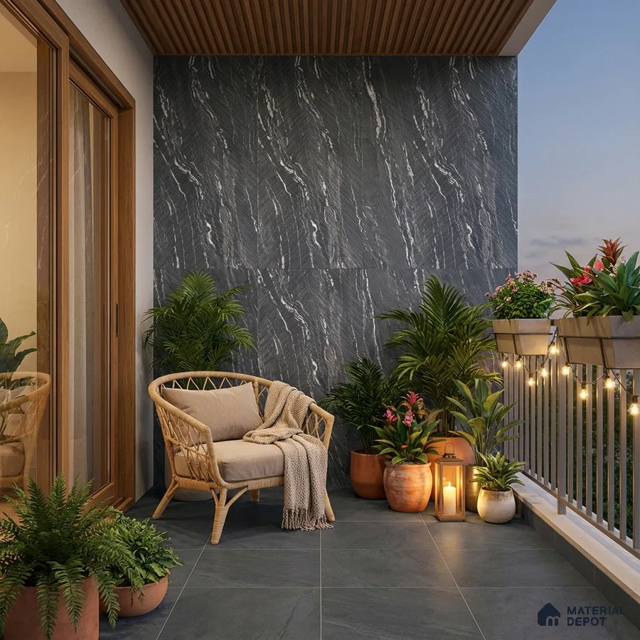 Modern balcony with grey marble-look wall tiles, stone floor tiles, and wooden ceiling panels