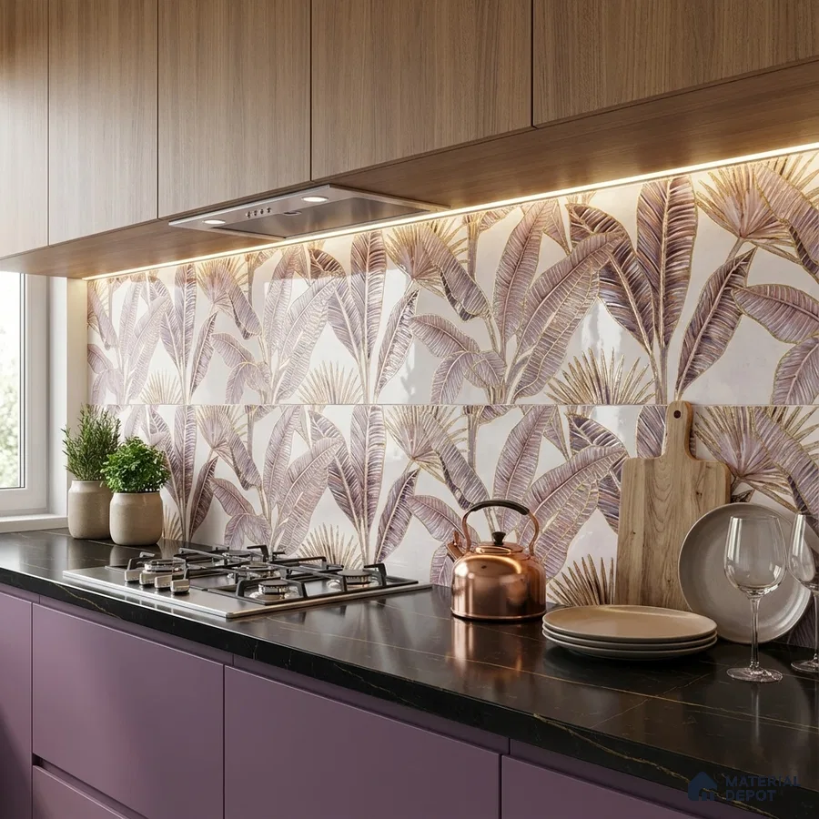 Modern kitchen with tropical leaf highlighter backsplash tile, matte plum laminate, and black marble countertop
