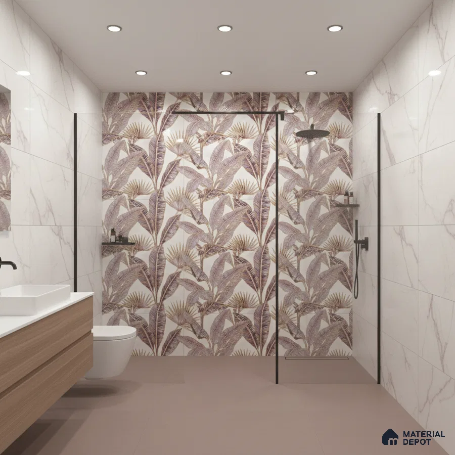 Modern bathroom with tropical floral highlighter wall tile, marble wall tiles, and matte taupe floor tiles