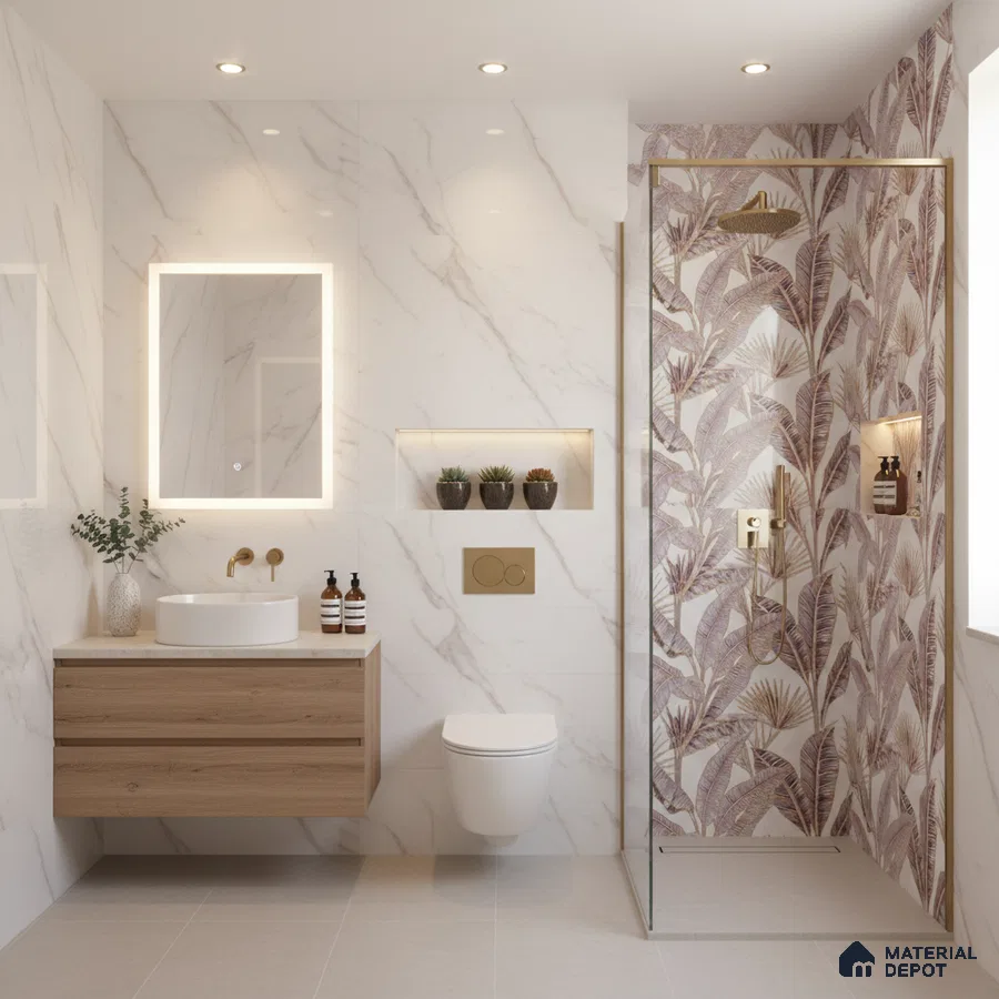 Modern bathroom with marble-look wall tiles, wood vanity, and tropical highlighter shower wall tile