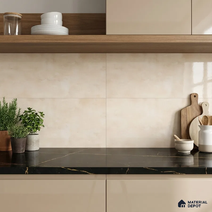 Modern kitchen with beige laminate cabinets, black marble countertop, and cream stone-look backsplash tiles