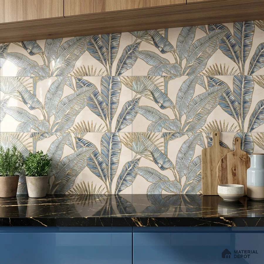 Modern kitchen with tropical leaf patterned backsplash tile, black marble countertop, and blue laminate cabinets