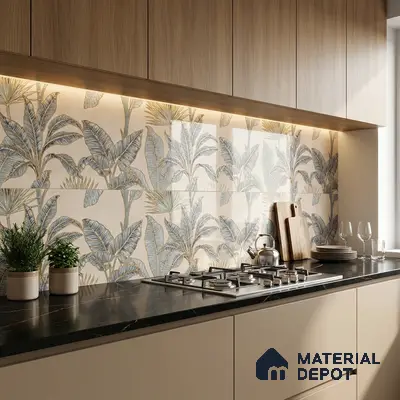 Modern kitchen with tropical floral backsplash tile, light oak laminate cabinets, and black marble countertop
