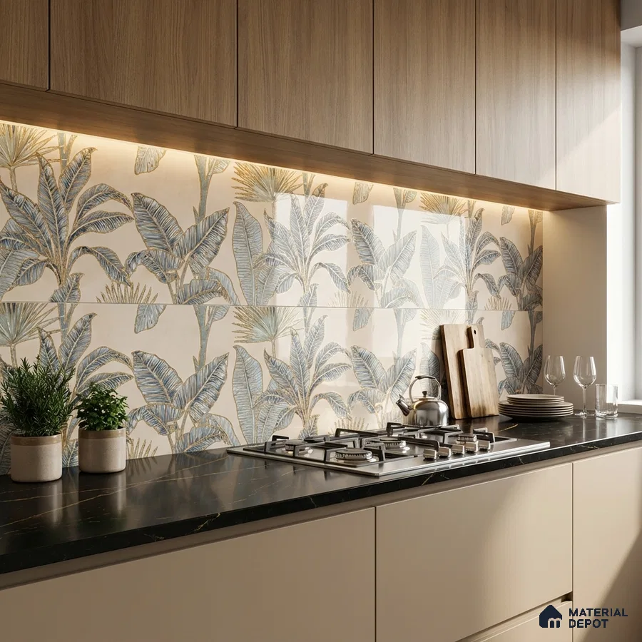 Modern kitchen with tropical floral backsplash tile, light oak laminate cabinets, and black marble countertop