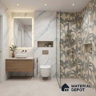 Modern bathroom with marble-look wall tiles, tropical highlighter shower tiles, and floating wood vanity
